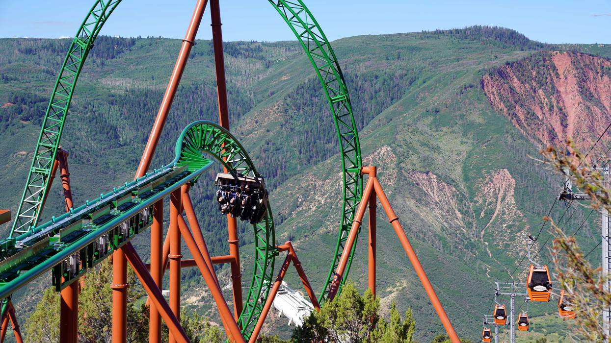 July 7, 2022; Glenwood Springs, CO, USA; Riders experience the new Defiance rollercoaster at Glenwood Caverns Adventure Park in Glenwood Springs, Colorado. Mandatory Credit: Trevor Hughes-USA TODAY