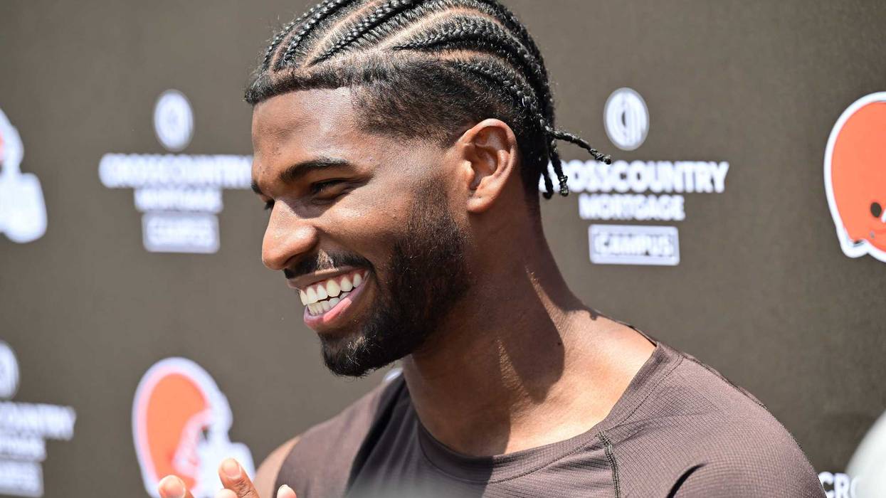 Jun 10, 2025; Berea, OH, USA; Cleveland Browns quarterback Shedeur Sanders (12) talk to the media during minicamp at CrossCountry Mortgage Campus.