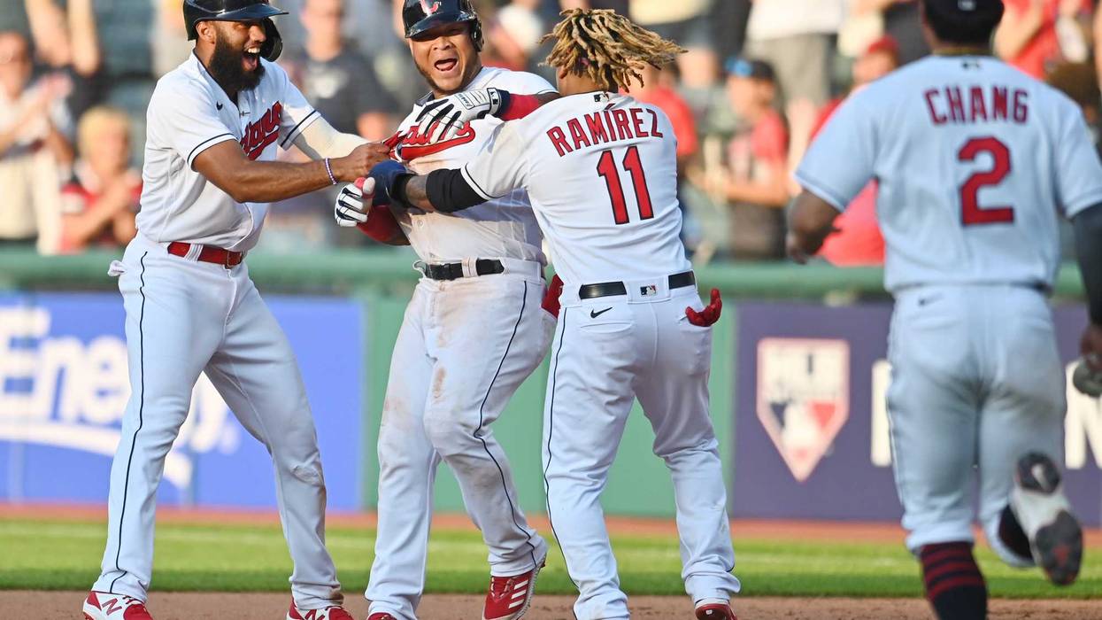 Jun 12, 2021; Cleveland, Ohio, USA; Cleveland Indians fielder Harold Ramirez (40) celebrates with shortstop Amed Rosario (1) and third baseman Jose Ramirez (11) after defeating the Seattle Mariners at Progressive Field.