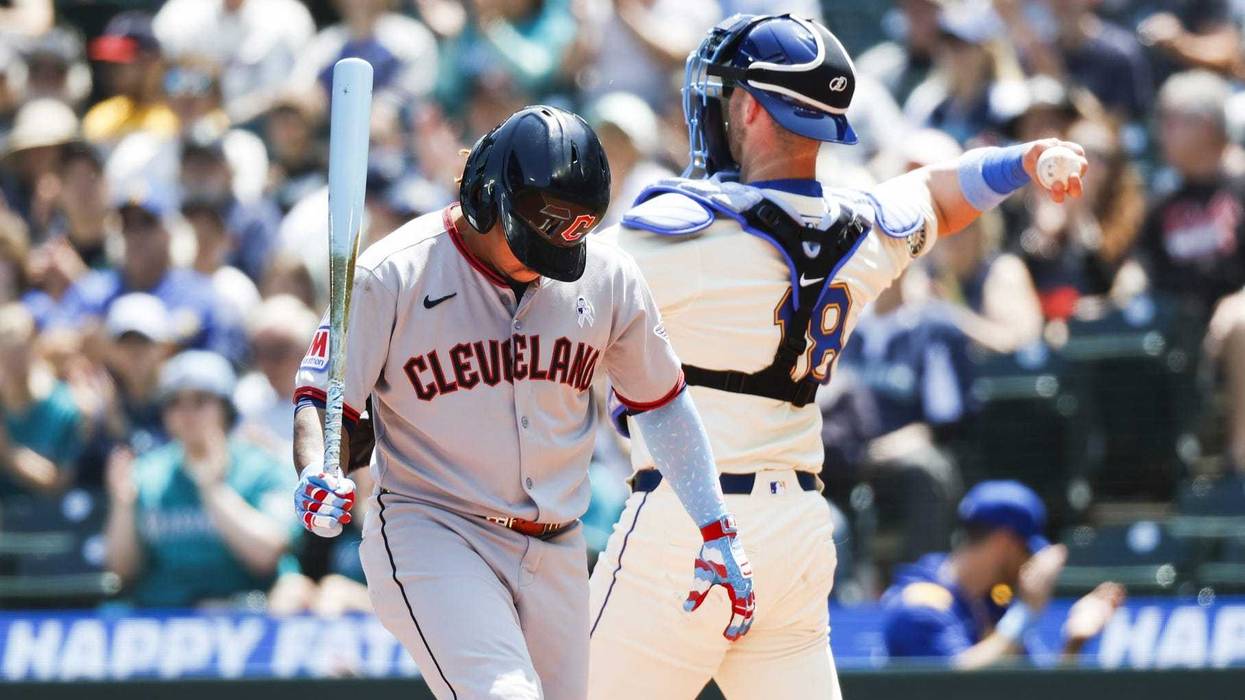 Jun 15, 2025; Seattle, Washington, USA; Cleveland Guardians third baseman José Ramírez (11) reacts after striking out swinging against the Seattle Mariners to end the first inning at T-Mobile Park.