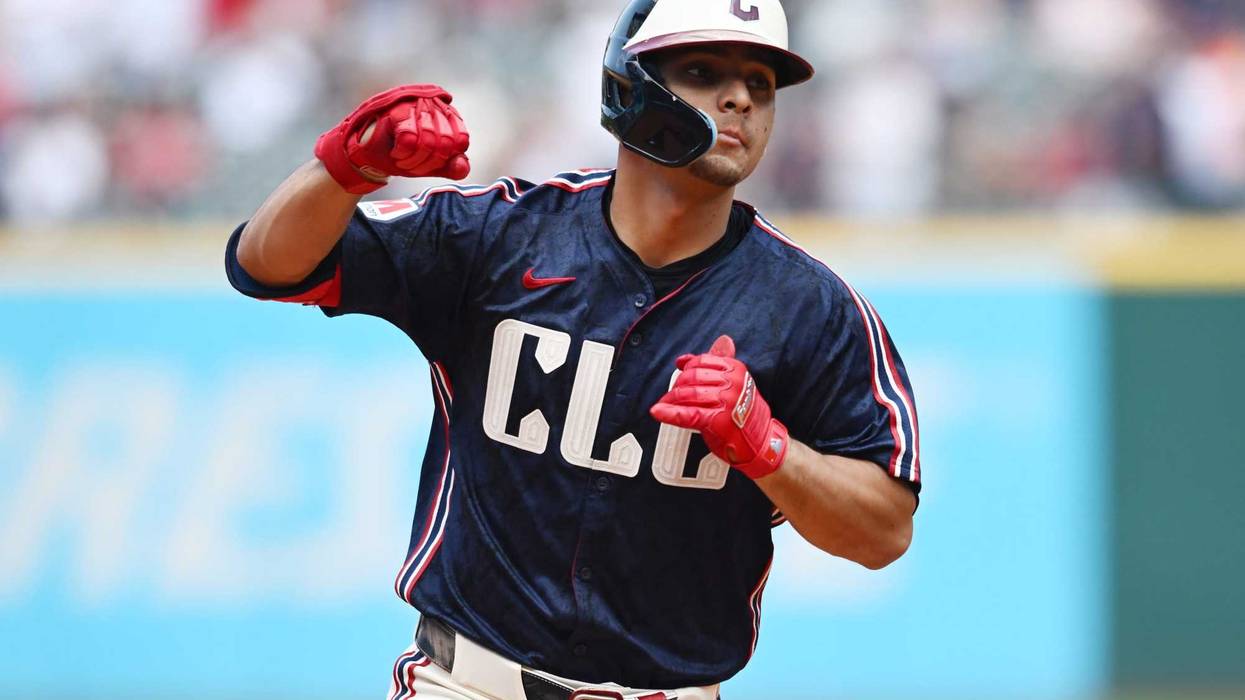 Jun 20, 2024; Cleveland, Ohio, USA; Cleveland Guardians second baseman Andres Gimenez (0) rounds the bases after hitting a home run during the fifth inning against the Seattle Mariners at Progressive Field.