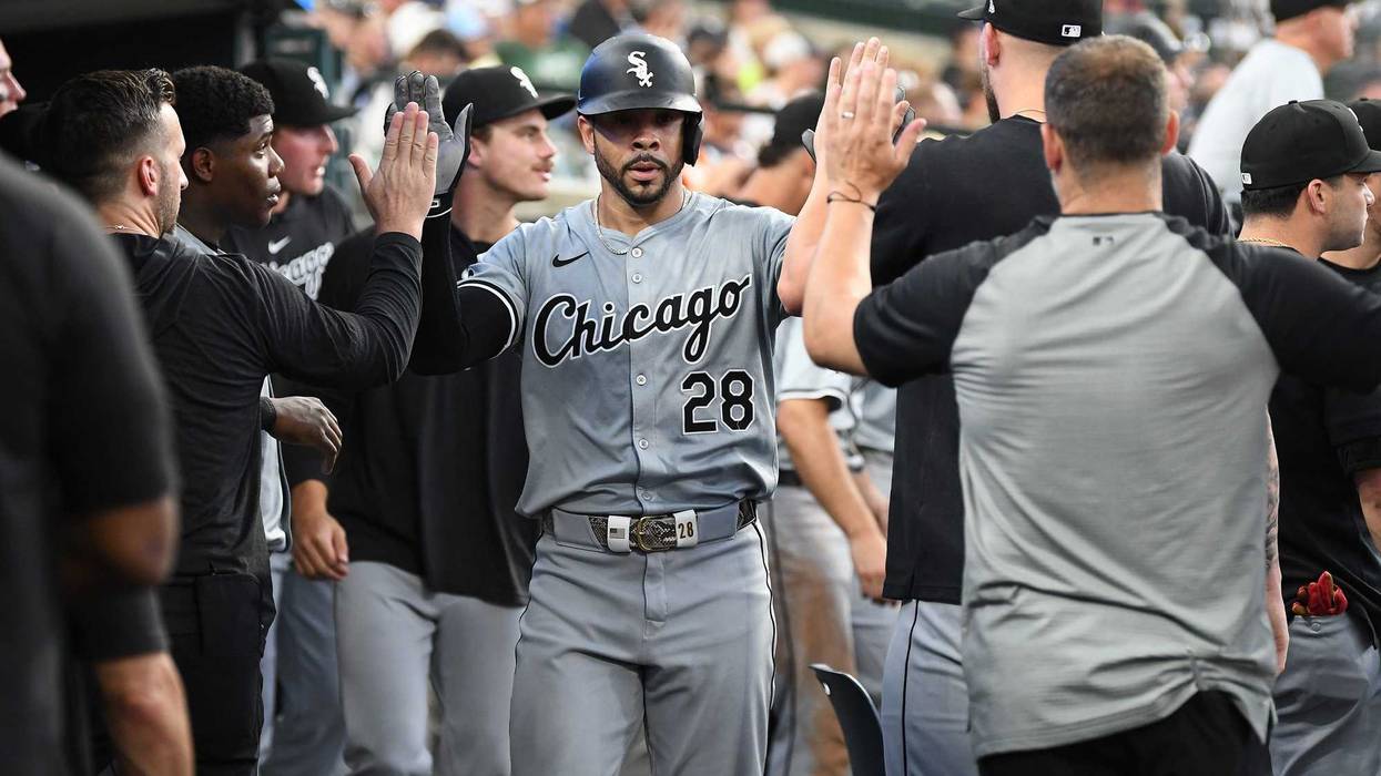 Jun 21, 2024; Detroit, Michigan, USA; Chicago White Sox left fielder Tommy Pham (28) celebrates in the dugout after hitting a solo home run against the Detroit Tigers during the fifth inning at Comerica Park. Mandatory Credit: Lon Horwedel-USA TODAY Sports