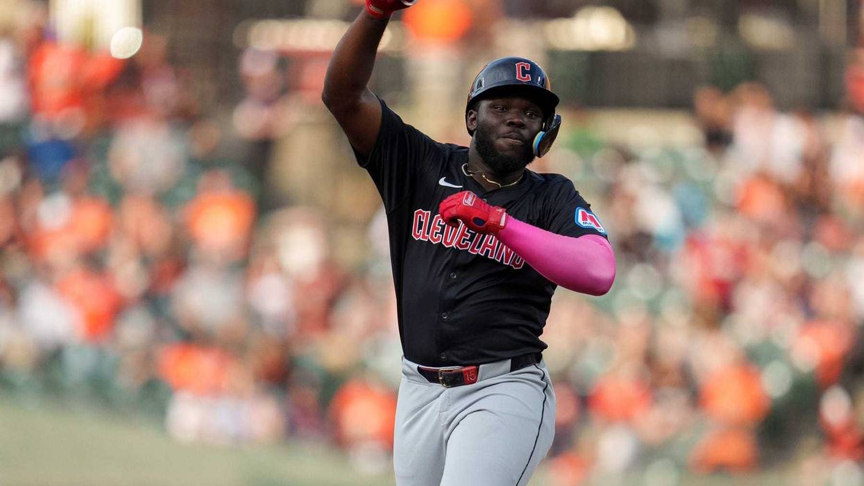 Jun 26, 2024; Baltimore, Maryland, USA; Cleveland Guardians outfield Jhonkensy Noel (43) celebrates after hitting a home run during the second inning against the Baltimore Orioles at Oriole Park at Camden Yards. Mandatory Credit: Reggie Hildred-USA TODAY Sports