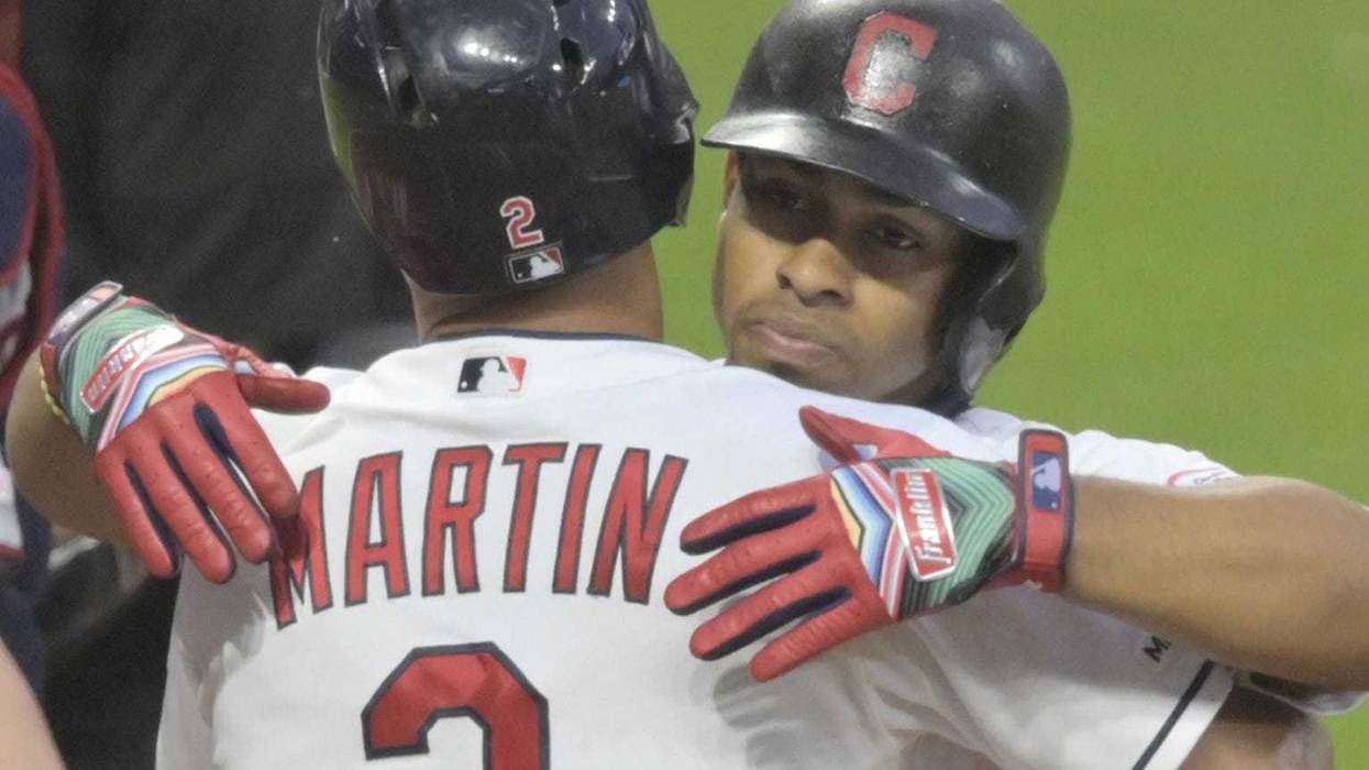 Jun 4, 2019; Cleveland, OH, USA; Cleveland Indians shortstop Francisco Lindor (12) celebrates his two run home run with center fielder Leonys Martin (2) in the fifth inning against the Minnesota Twins at Progressive Field. Mandatory Credit: David Richard-