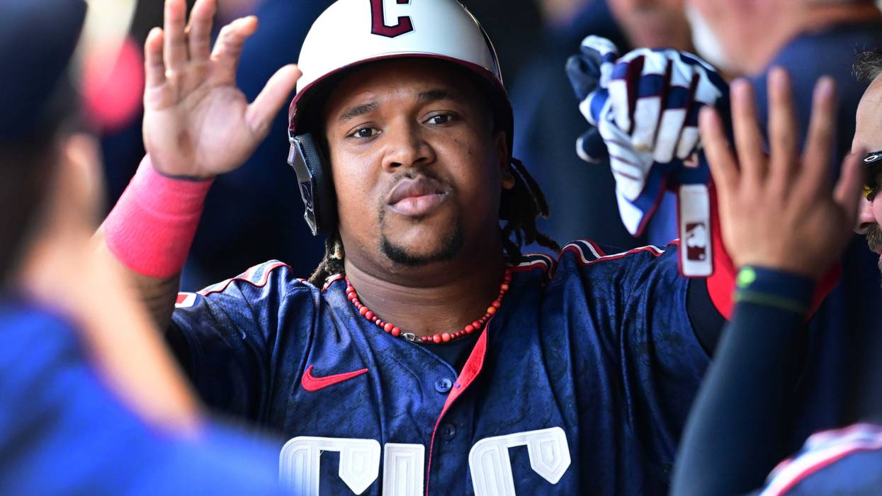 Jun 6, 2024; Cleveland, Ohio, USA; Cleveland Guardians third baseman Jose Ramirez (11) celebrates after hitting a home run during the third inning against the Kansas City Royals at Progressive Field.