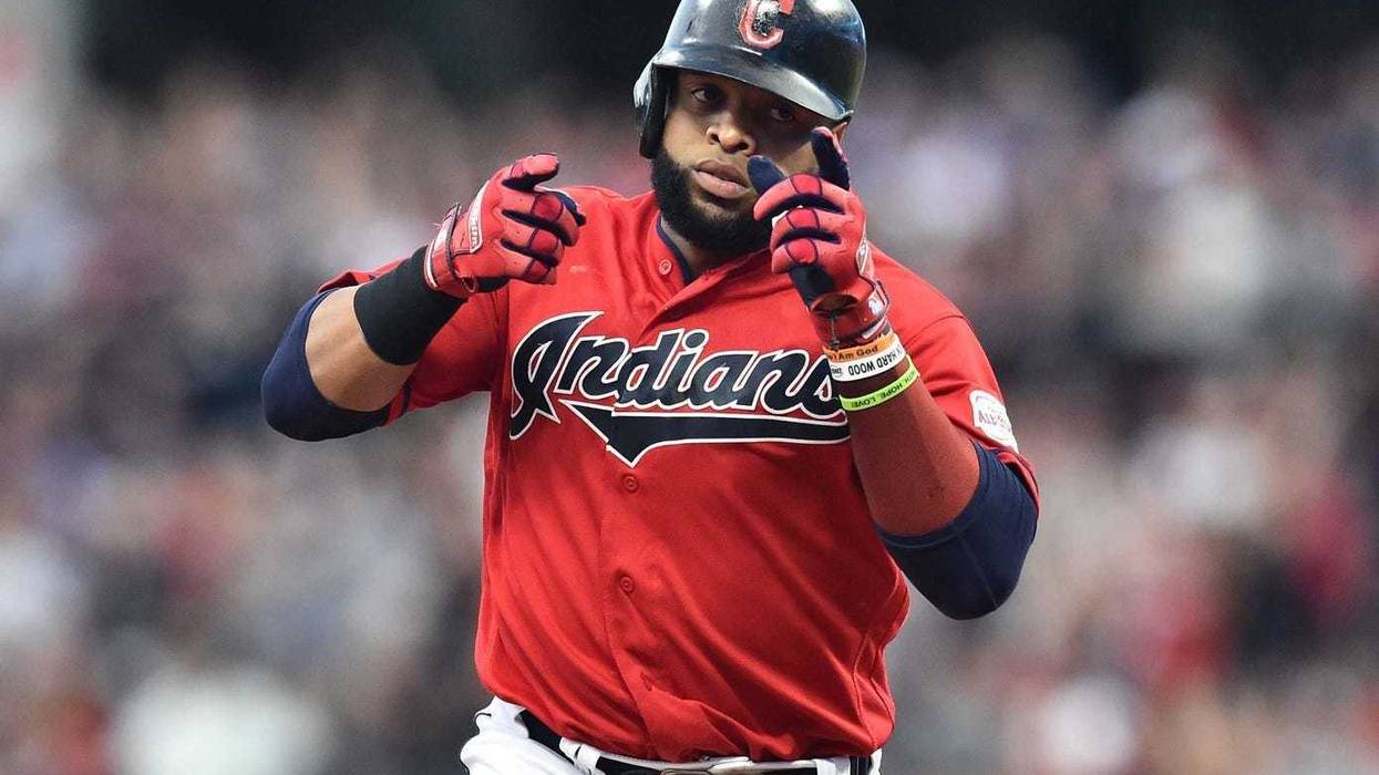 Jun 7, 2019; Cleveland, OH, USA; Cleveland Indians first baseman Carlos Santana (41) rounds the bases after hitting a home run during the sixth inning against the New York Yankees at Progressive Field. Mandatory Credit: Ken Blaze-USA TODAY Sports