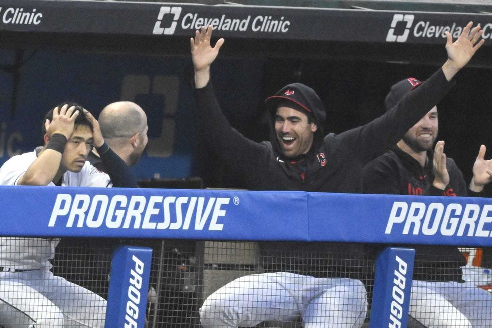 Jun 8, 2023; Cleveland, Ohio, USA; Cleveland Guardians players react after watching third baseman Jose Ramirez (not pictured) hit his third home run of the game in the sixth inning against the Boston Red Sox at Progressive Field.
