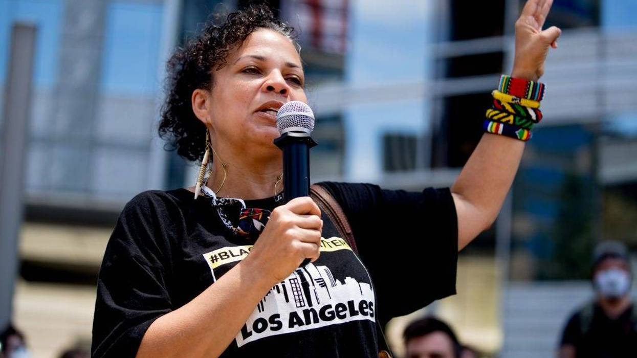 JUNE 06: Melina Abdullah participates in the Hollywood talent agencies march to support Black Lives Matter protests on June 06, 2020 in Beverly Hills, California.