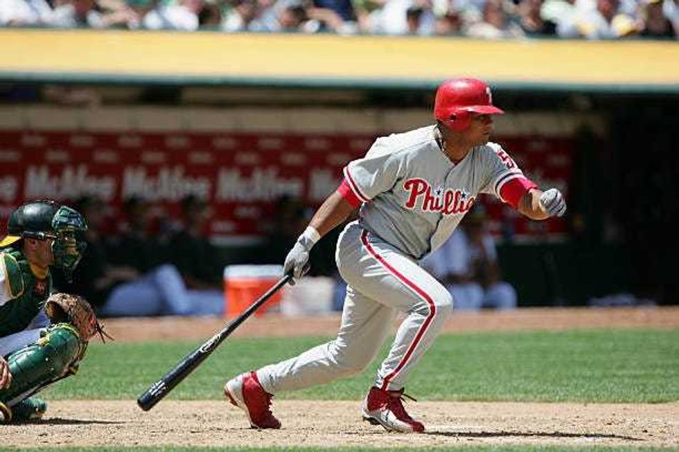 June 18, 2005: Bobby Abreu swings at a pitch in Oakland, California vs. the Atheltics