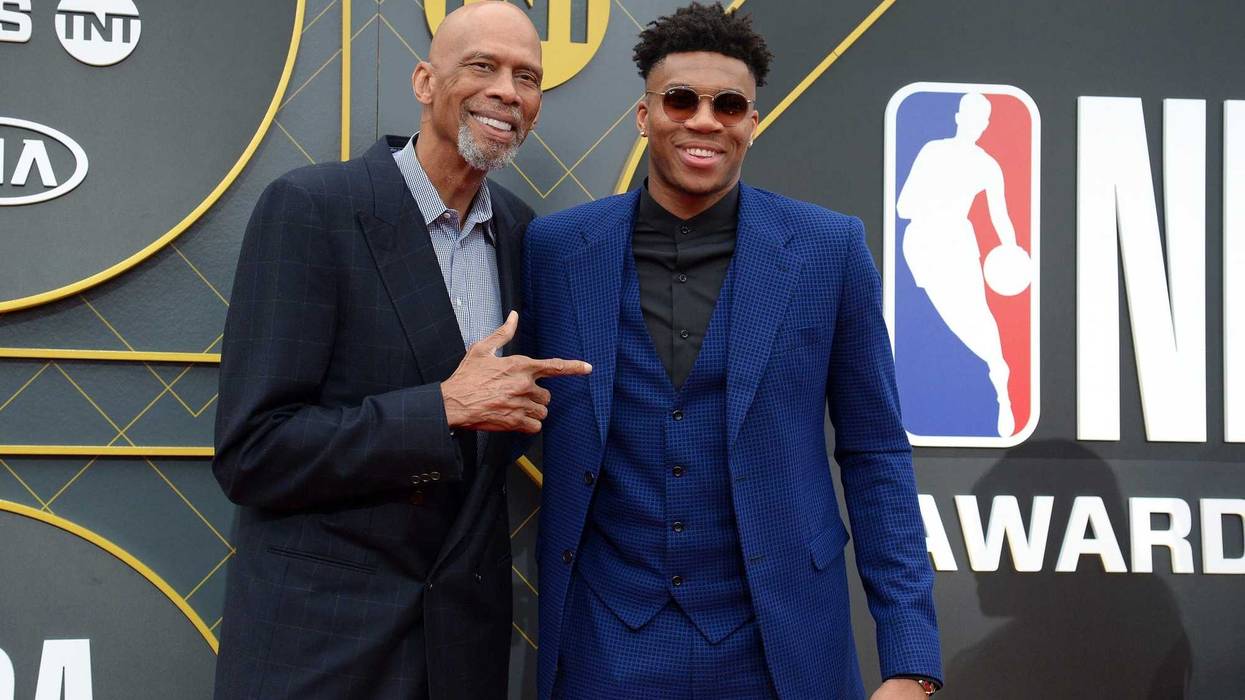 June 24, 2019; Los Angeles, CA, USA; Milwaukee Bucks forward Giannis Antetokounmpo poses with former player Kareem Abdul-Jabbar arrives on the red carpet for the 2019 NBA Awards show at Barker Hanger. Mandatory Credit: Gary A. Vasquez-Imagn Images