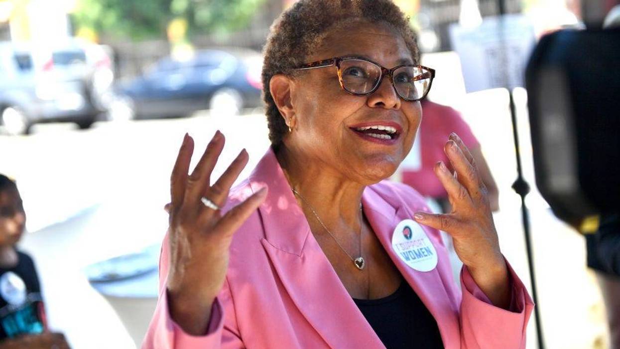 JUNE 25: Los Angeles Mayoral candidate Representative Karen Bass (D-CA) is interviewed by the media at the grand opening celebration of The Women's March Action Headquarters on June 25, 2022, in Boyle Heights, Los Angeles.