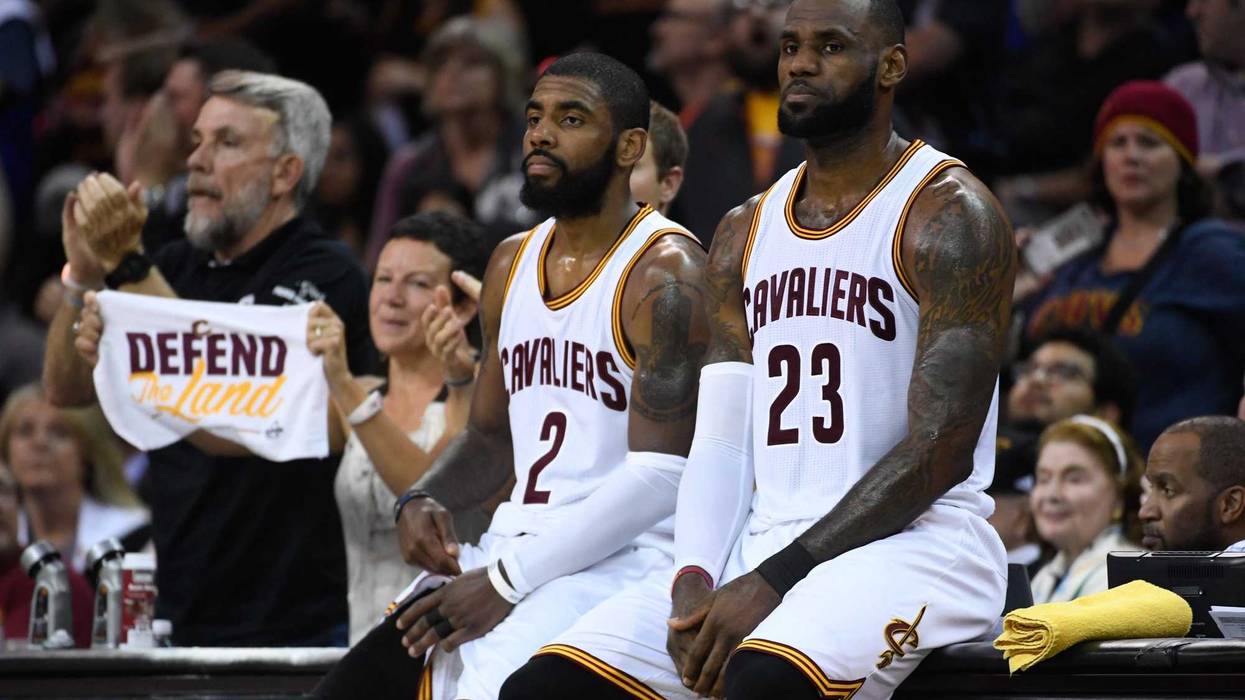 June 9, 2017; Cleveland, OH, USA; Cleveland Cavaliers guard Kyrie Irving (2) and forward LeBron James (23) during the second quarter in game four of the 2017 NBA Finals against the Golden State Warriors at Quicken Loans Arena. Mandatory Credit: Kyle Terad