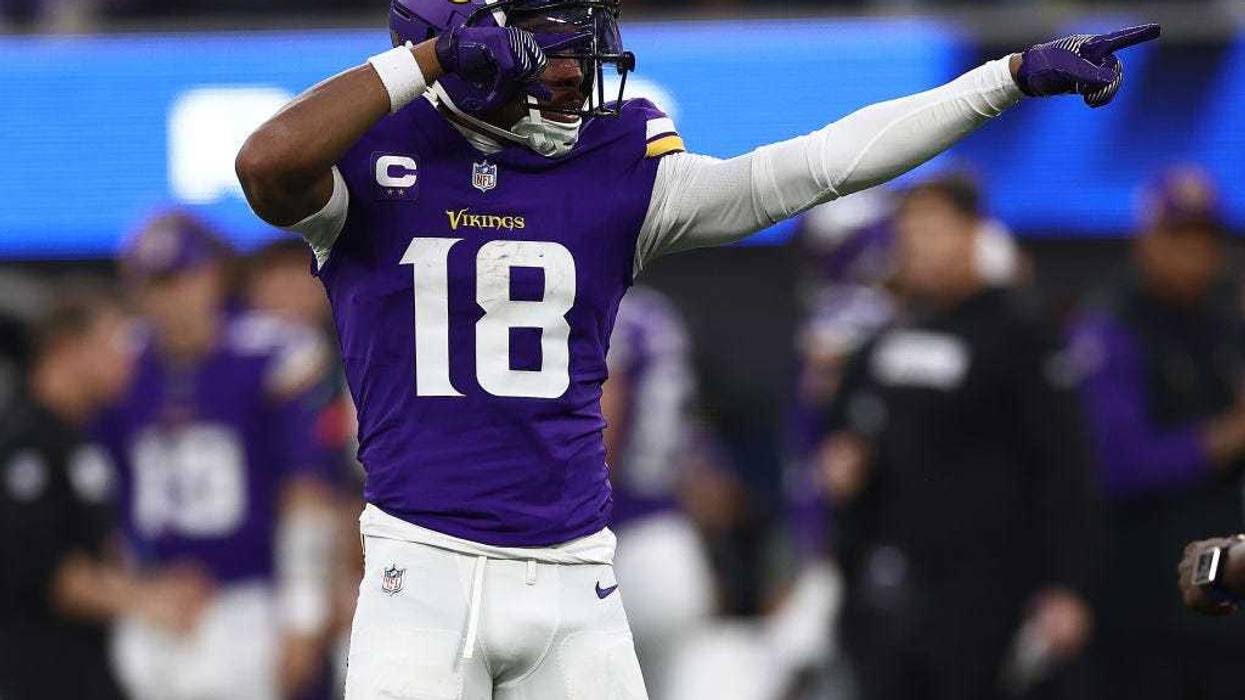 Justin Jefferson #18 of the Minnesota Vikings after making a first down against the Los Angeles Rams in the first quarter at SoFi Stadium on October 24, 2024 in Inglewood, California.