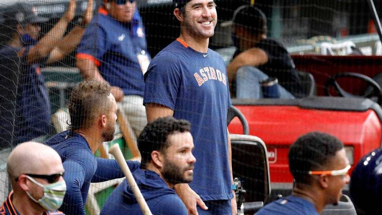 Justin Verlander #35 of the Houston Astros watches batting practice during Summer Workouts at Minute Maid Park on July 08, 2020 in Houston, Texas.