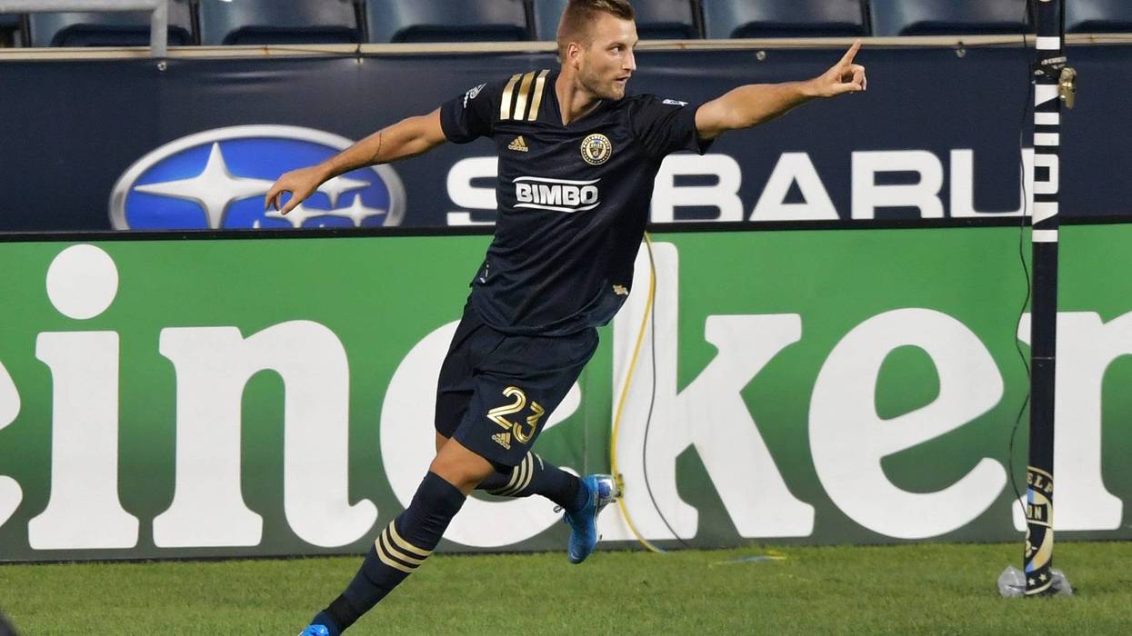 Kacper Przybylko #23 of Philadelphia Union celebrates a first half goal against the New York Red Bulls at Subaru Park on August 25, 2020 in Chester, Pennsylvania.