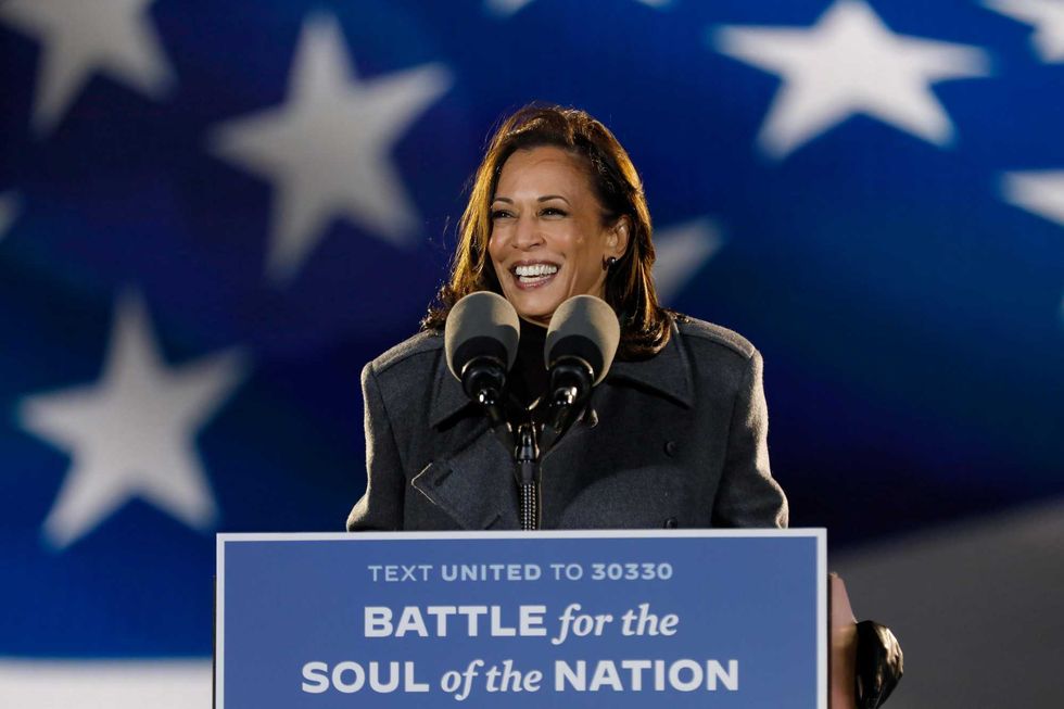Kamala Harris addresses supporters at the drive- rally Monday night, Nov.2, 2020 at Citizens Bank Park parking lot in Philadelphia, Pennsylvania.