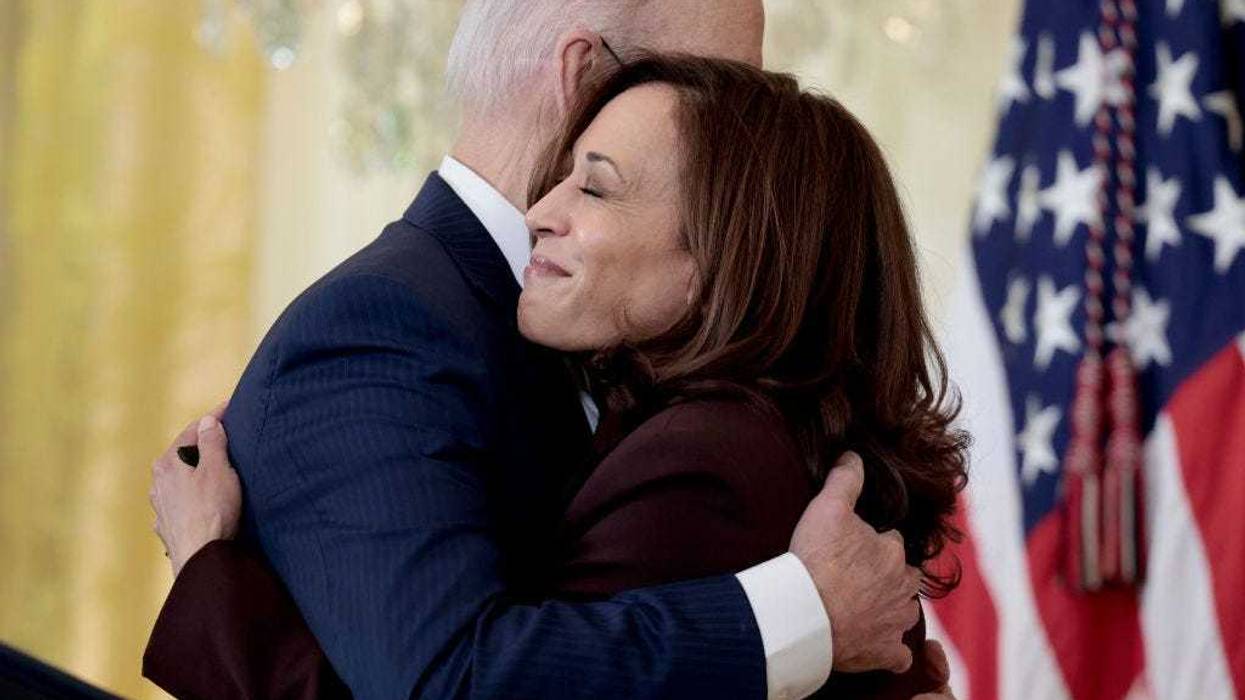 Kamala Harris embraces U.S. President Joe Biden before his remarks at a menorah lighting ceremony in celebration of Hanukkah in the East Room of the White House on December 01, 2021 in Washington, DC. The ceremony at the White House marked the first time Hanukkah is celebrated with a Jewish member of either the First or Second Family, Second Gentleman Doug Emhoff. (Photo by Anna Moneymaker/Getty Images)