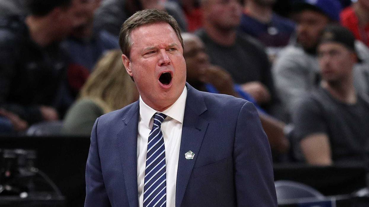 Kansas basketball coach Bill Self gets animated on the sidelines.