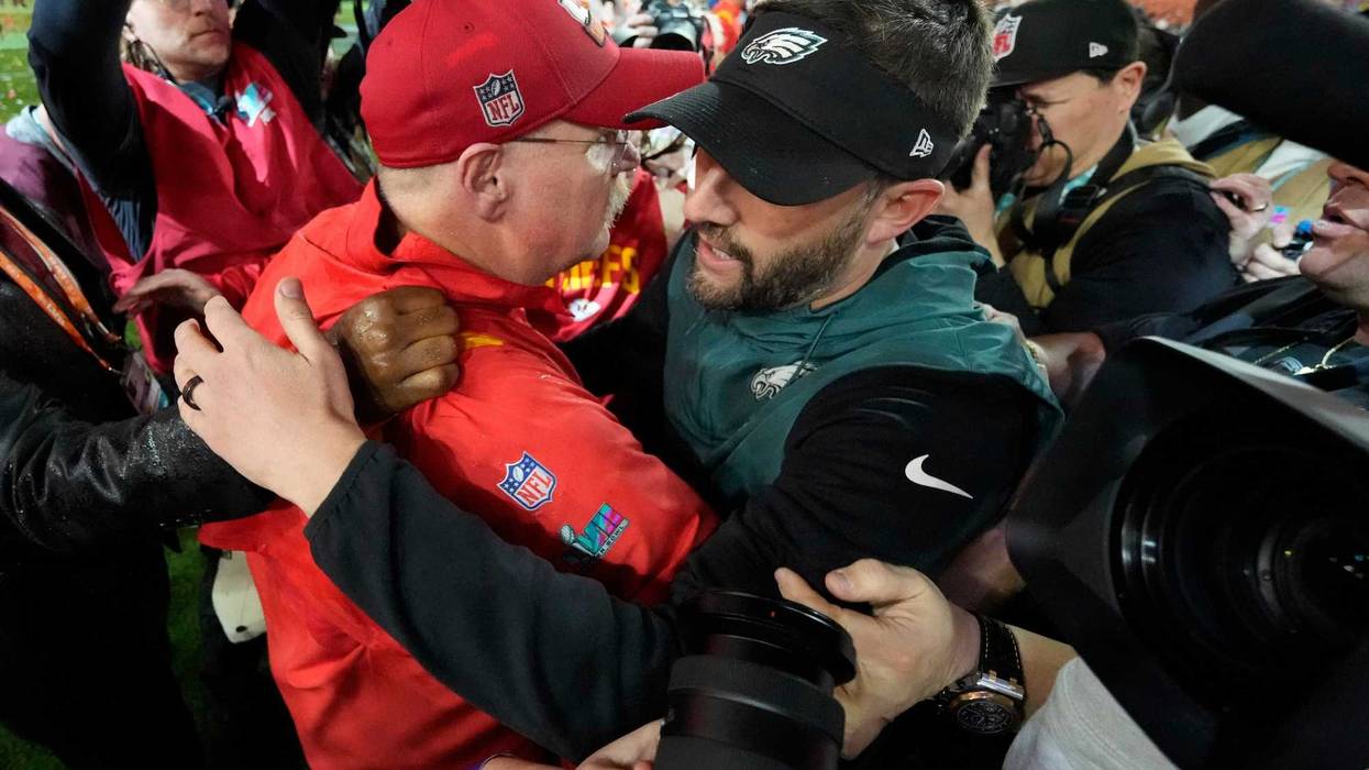 Kansas City Chiefs head coach Andy Reid and Philadelphia Eagles head coach Nick Sirianni greet each other after Super Bowl LVII at State Farm Stadium in 2023.