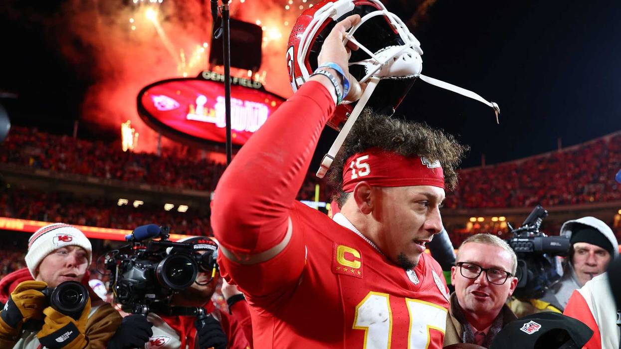 Kansas City Chiefs quarterback Patrick Mahomes (15) reacts after the AFC Championship game against the Buffalo Bills at GEHA Field at Arrowhead Stadium.