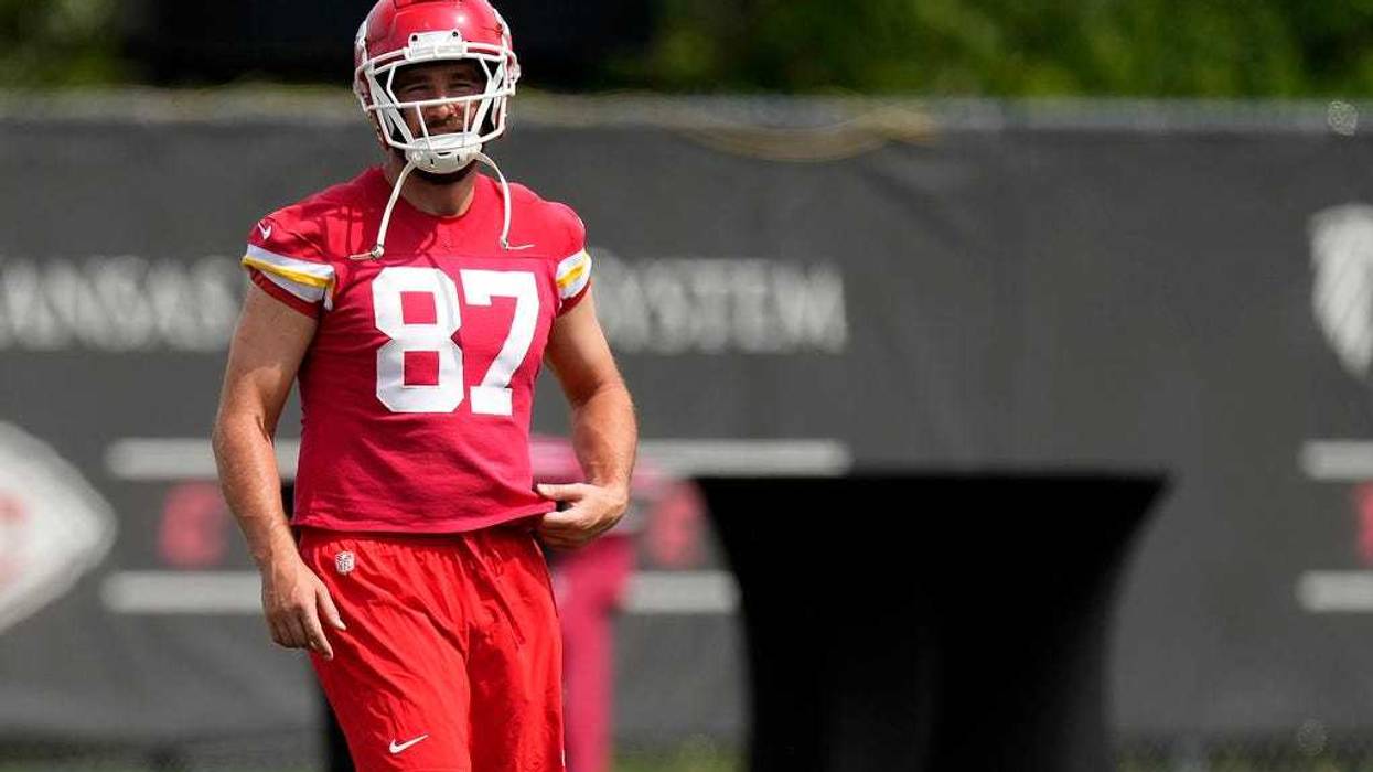Kansas City Chiefs tight end Travis Kelce watches a drill during NFL football practice