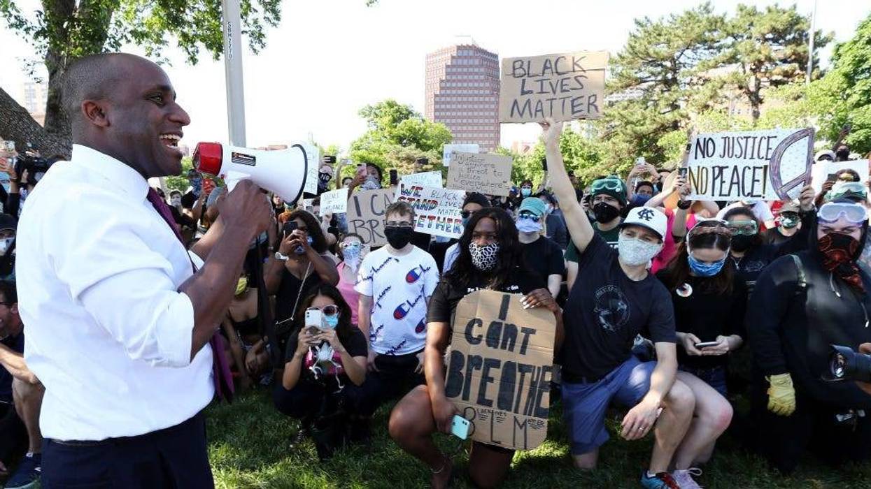 Kansas City Mayor Quinton Lucas addresses demonstrators with a bullhornon May 31, 2020 in Kansas City, Missouri. during protests at the Country Club Plaza