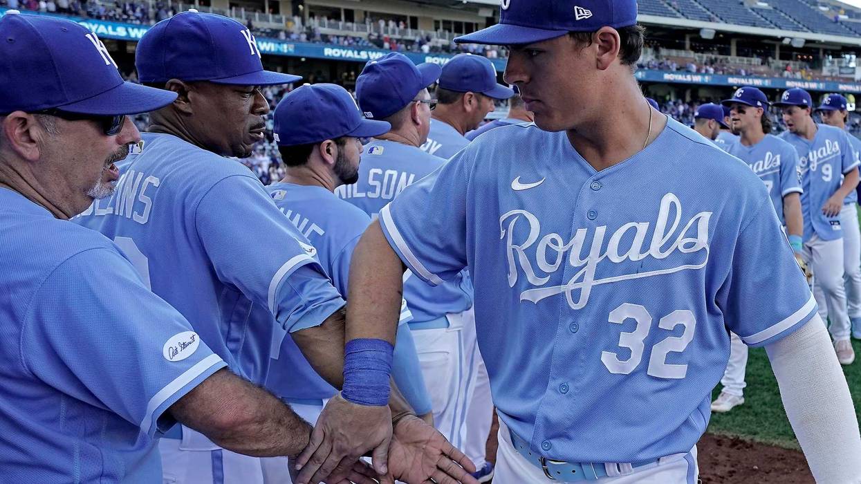 Kansas City Royals' Nick Pratto (32) celebrates with teammates after the first game of a baseball doubleheader against the Chicago White Sox