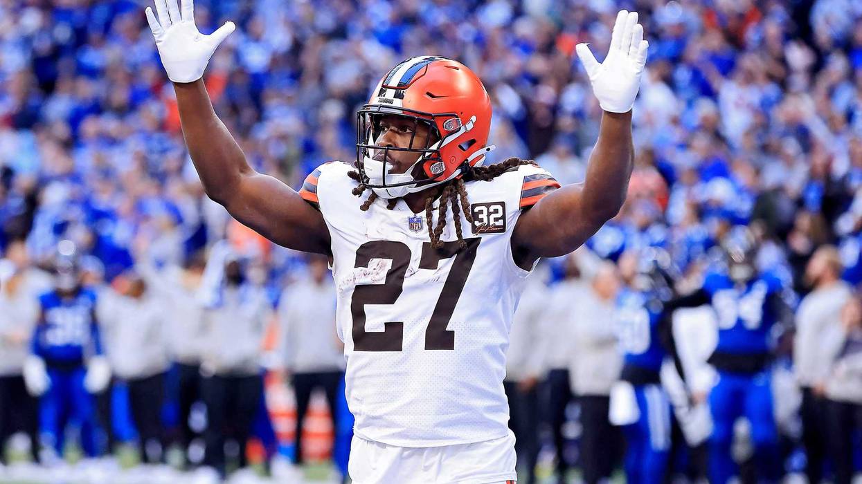 Kareem Hunt #27 of the Cleveland Browns reacts after scoring a touchdown during the fourth quarter against the Indianapolis Colts at Lucas Oil Stadium on October 22, 2023 in Indianapolis, Indiana.