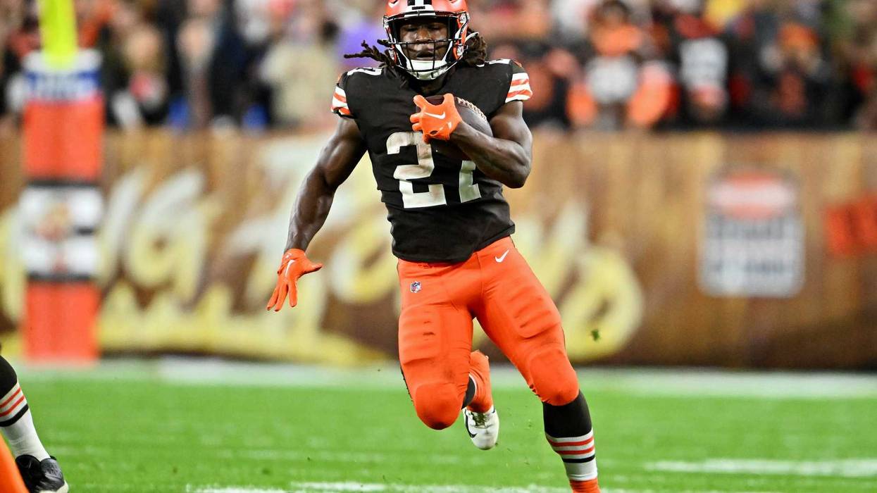 Kareem Hunt #27 of the Cleveland Browns runs the ball during the second half of the game against the Cincinnati Bengals at FirstEnergy Stadium on October 31, 2022 in Cleveland, Ohio.