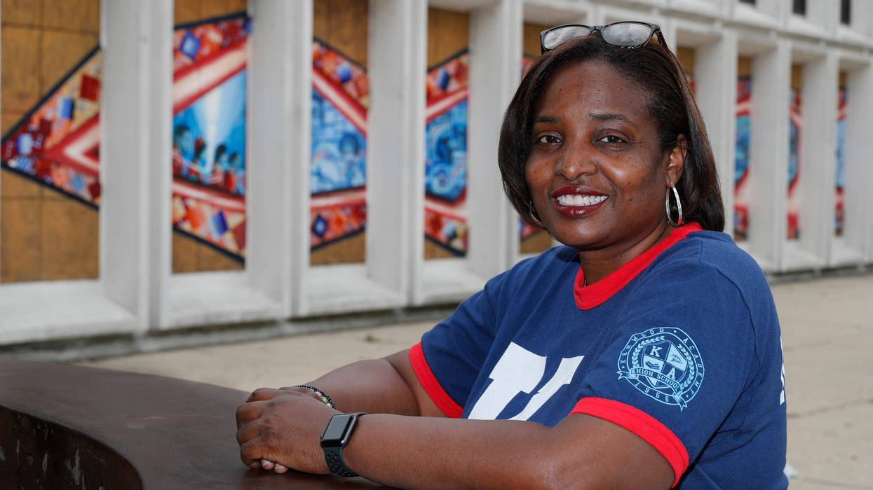 Karen Calloway, principal of Kenwood Academy in Chicago, poses Tuesday, July 28, 2020, for a portrait outside the Hyde Park neighborhood campus.