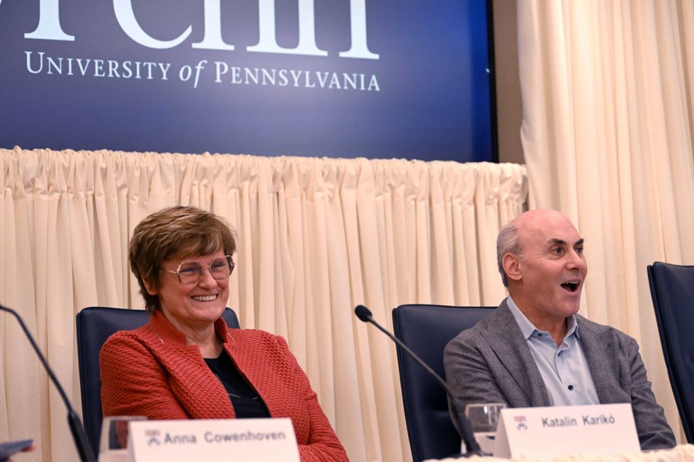 Katalin Karikó and Drew Weissman speak during a press conference after being awarded the Nobel Prize in Medicine at the University of Pennsylvania on Oct. 2, 2023, in Philadelphia, Pennsylvania.
