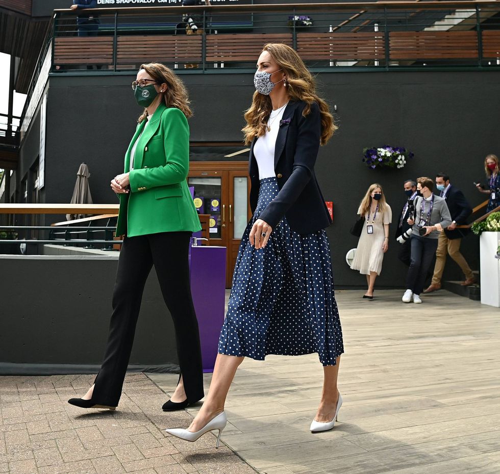 Kate Middleton dazzles in polka dot skirt, navy blazer and white heels - get the chic look for less