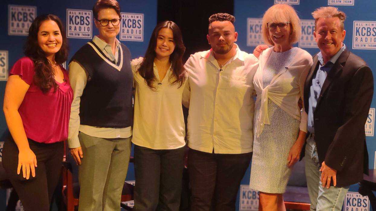 KCBS Conversation: The State of Mental Health panelists (left to right) Lesley Garcia, Nicole Stelter, Amanda Lai, and Juan Acosta pose with event hosts and KCBS anchors (on right) Patti Reising and Bret Burkhart at The Vukasin Theatre at the Lesher Center for the Arts in Walnut Creek on September 23, 2024.