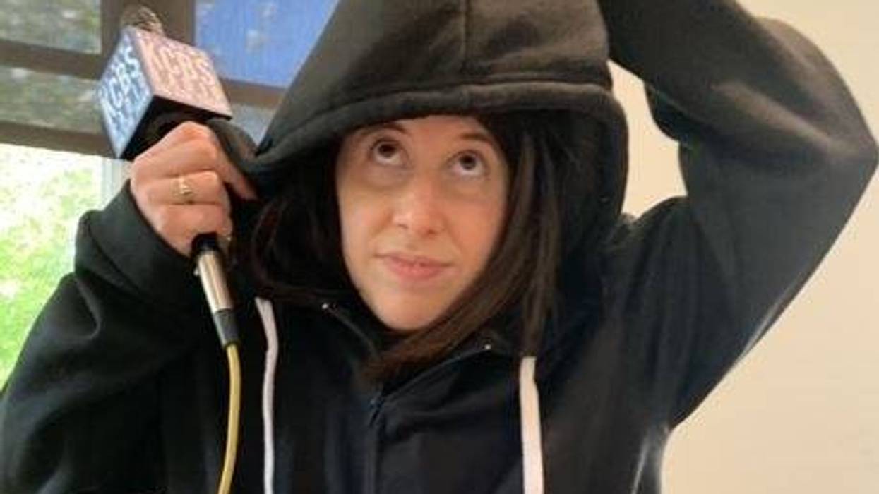 KCBS Radio reporter Megan Goldsby models the bulletproof Wonder Hoodie.