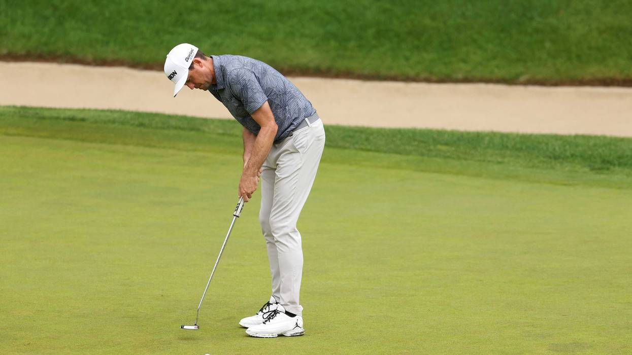Keegan Bradley of the United States putts on the 18th green during the second round of the Travelers Championship at TPC River Highlands on June 23, 2023 in Cromwell.