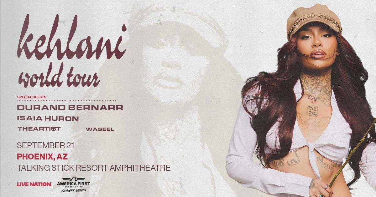 Kehlani World Tour concert poster showing Kehlani in a hat, with long hair and visible tattoos.