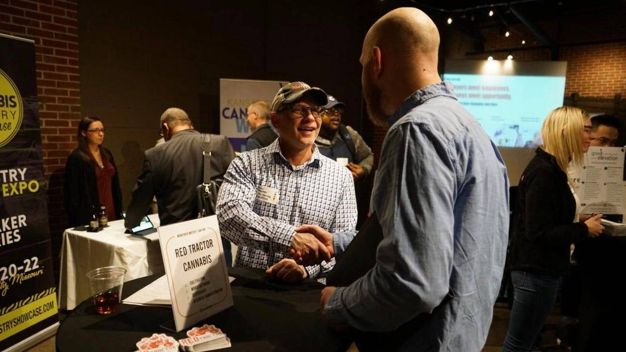 Kelly Waggoner, founder of Red Tractor Cannabis Cultivation LLC, at a cannabis career fair in Kansas City in 2020.