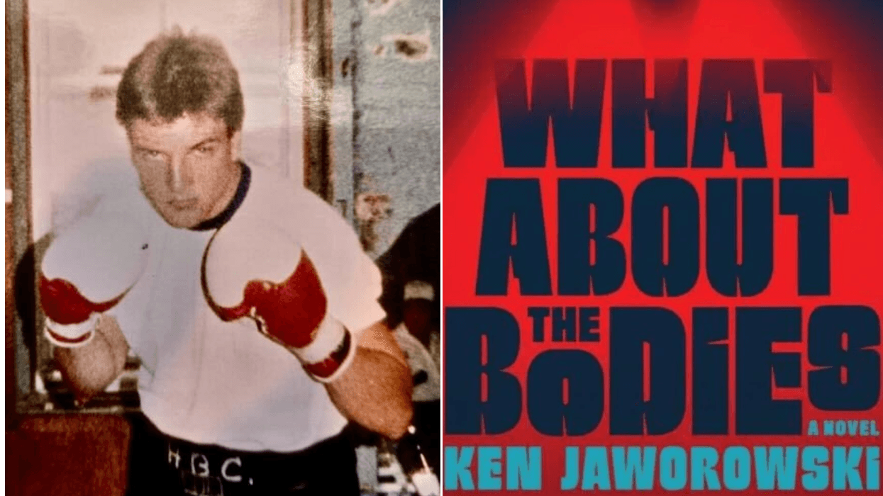 Ken Jaworowski in his earlier years as a boxer and the cover of his new novel, "What About the Bodies."