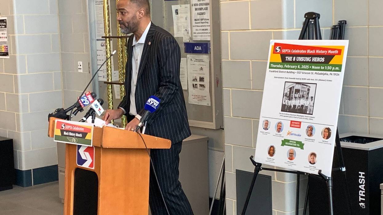 Ken Lawrence stands at the SEPTA podium during a Black History Month ceremony at SEPTA's Frankford District headquarters on Thursday, Feb. 6, 2025.