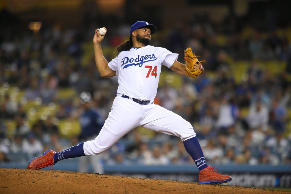 Kenley Jansen delivers a pitch at Dodger Stadium