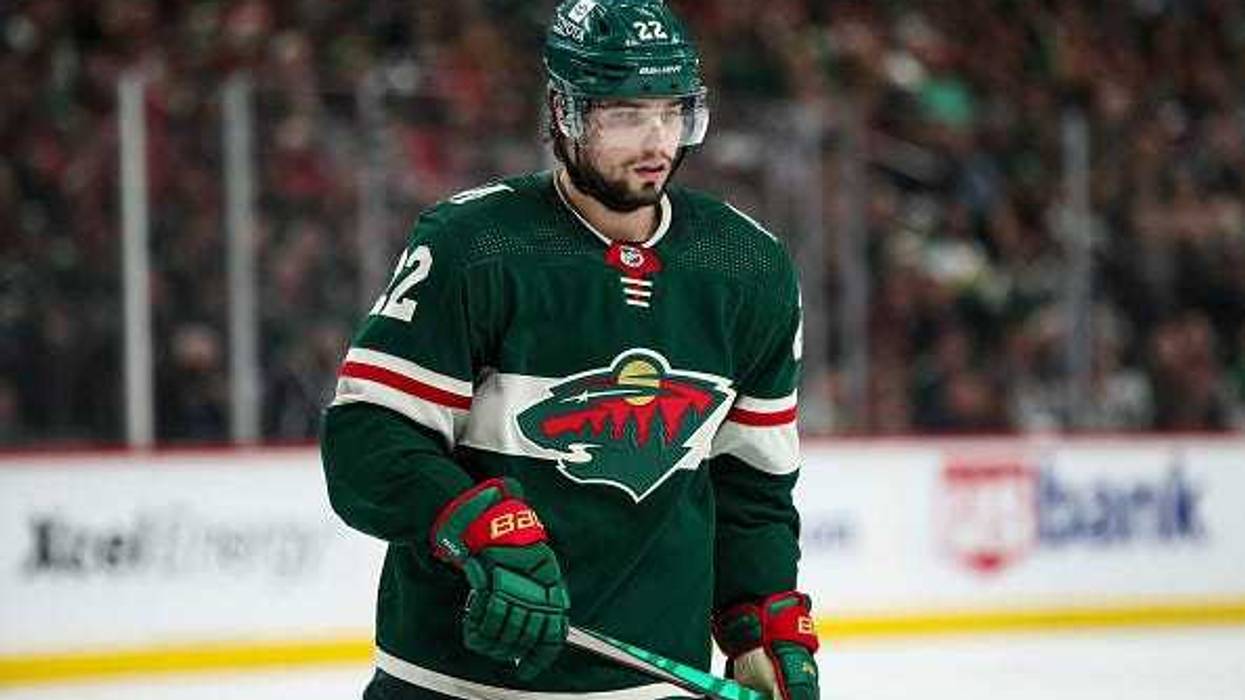 Kevin Fiala #22 of the Minnesota Wild looks on against the St. Louis Blues in the second period in Game Five of the First Round of the 2022 Stanley Cup Playoffs at Xcel Energy Center on May 10, 2022 in St Paul, Minnesota.