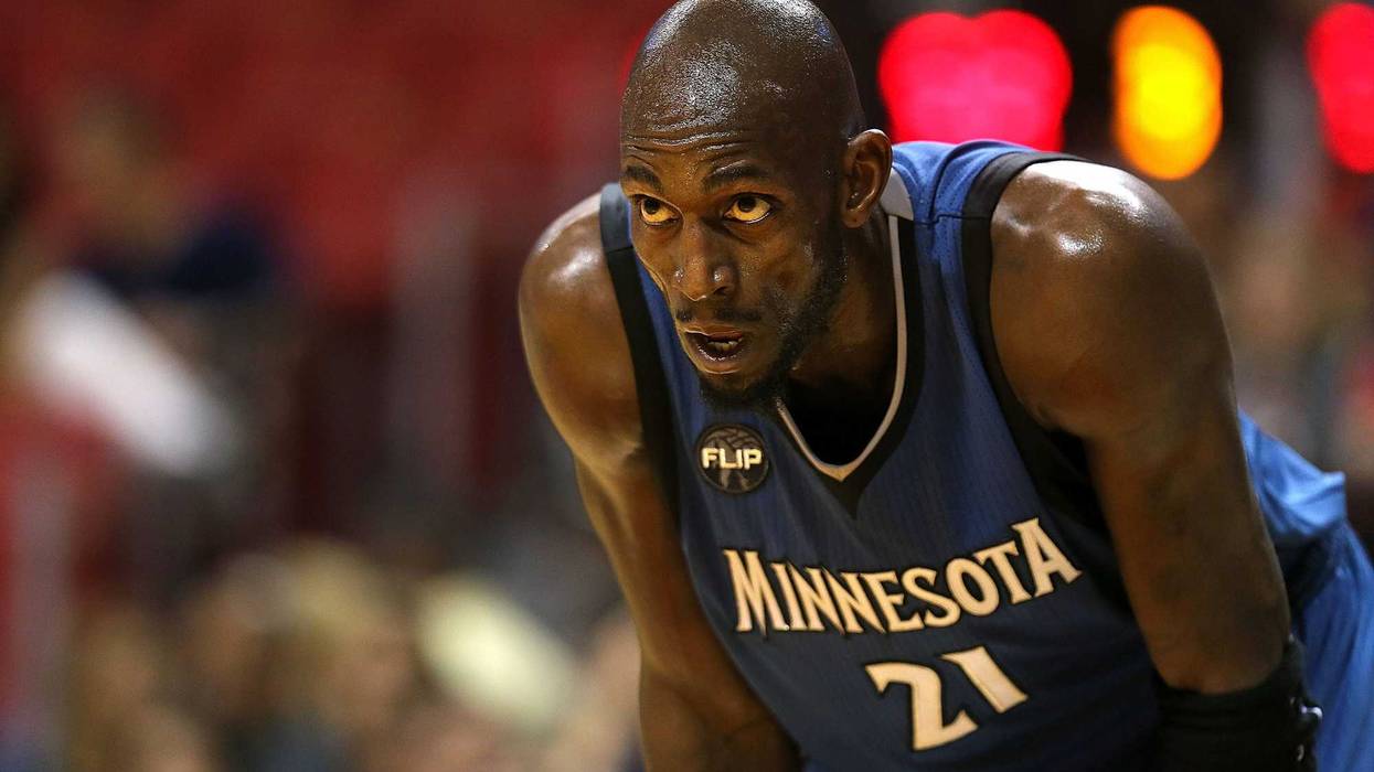 Kevin Garnett #21 of the Minnesota Timberwolves looks on during a game against the Miami Heat at American Airlines Arena on November 17, 2015 in Miami, Florida.