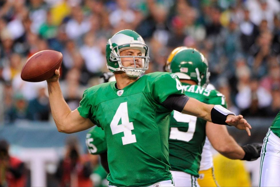 Kevin Kolb started as quarterback for the Eagles Sept. 12, 2010, the last time the team wore their classic throwback Kelly Green uniforms.
