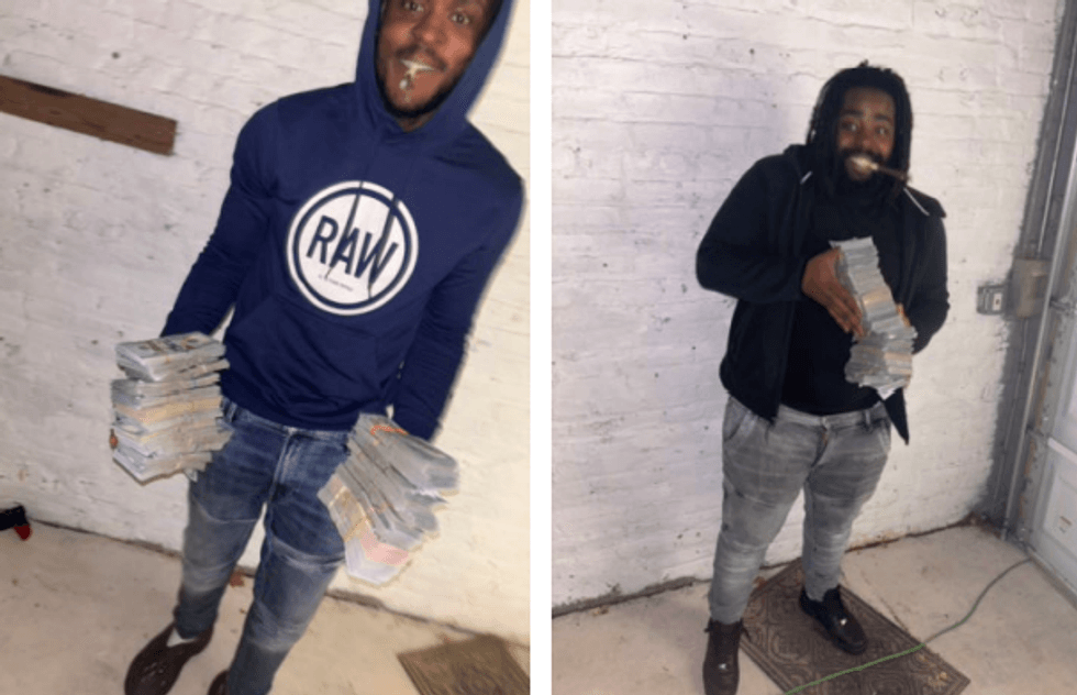 Kevin Williams and Byron Wilson holding stacks of cash gained from selling goods stolen at Westchester Square shopping plaza in Hartsdale on Dec. 16.