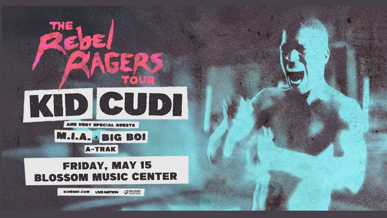 Kid Cudi Rebel Ragers Tour concert poster. Features a dynamic teal-tinted image of Kid Cudi screaming.