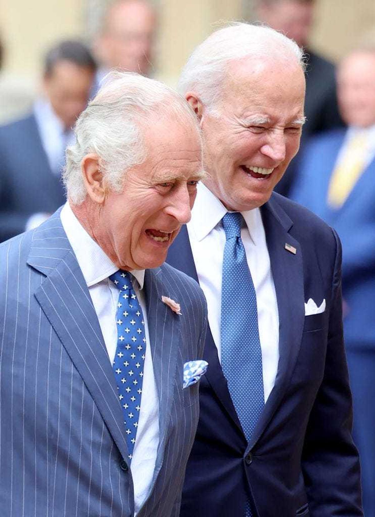 King Charles III greets The President of the United States, Joe Biden in the Quadrangle at Windsor Castle as part of a ceremonial welcome on July 10, 2023 in Windsor, England. The President is visiting the UK to further strengthen the close relationship between the two nations and to discuss climate issues with King Charles III. (Photo by Chris Jackson/Getty Images)