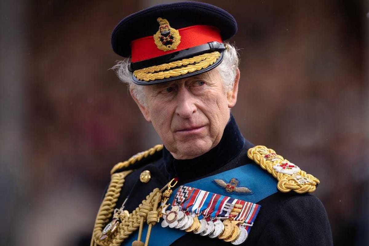 King Charles III inspects the 200th Sovereign's parade at Royal Military Academy Sandhurst on April 14, 2023 in Camberley, England.