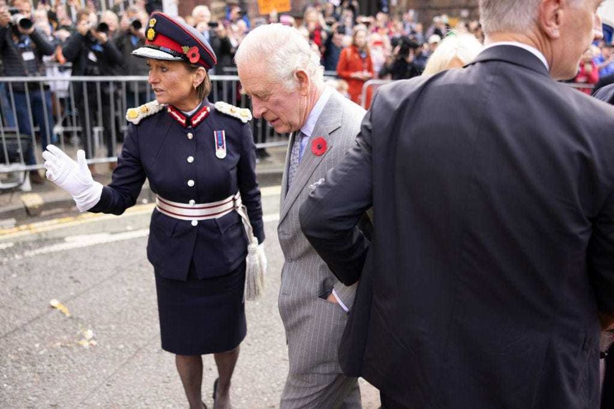 King Charles III of the United Kingdom reacts after an egg was thrown in his direction in York during a ceremony at Micklegate Bar where, traditionally, The Sovereign is welcomed to the city, during an official visit to Yorkshire on November 9, 2022 in York, England. (Photo by James Glossop - WPA Pool/Getty Images)