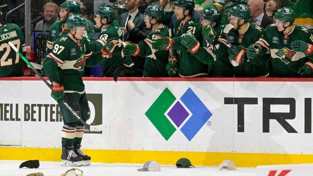 Kirill Kaprizov #97 of the Minnesota Wild celebrates his hat trick against the San Jose Sharks during the third period at Excel Energy Center on March 03, 2024 in St. Paul, Minnesota.