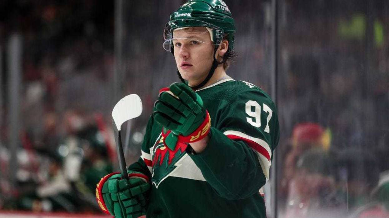 Kirill Kaprizov #97 of the Minnesota Wild looks on against the Detroit Red Wings in the second period of the game at Xcel Energy Center on February 14, 2022 in St Paul, Minnesota. The Wild defeated the Red Wings 7-4.